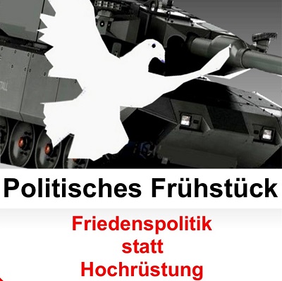 Friedenstaube vor Panzer - Plakat des Politischen Frühstücks von Attac vom 12. November 2023