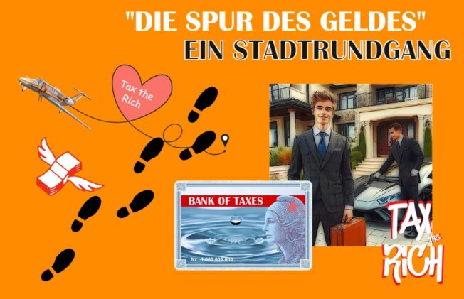 Die Spur des Geldes - Ein Stadtrundgang. Geschäftsmann, Limousine, Fußspuren und Kreditkarte