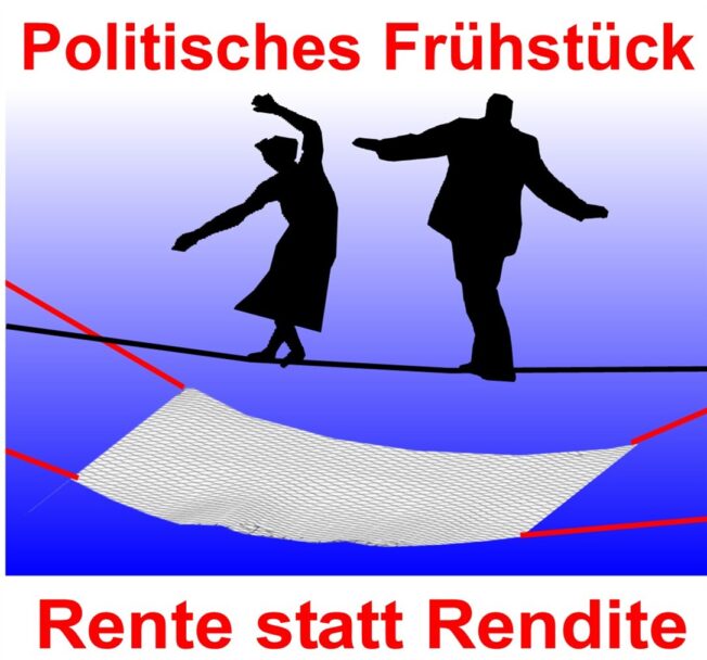 Frau und Mann balancieren auf einem Seil, Schrift Politisches Frühstück Rente statt Rendite